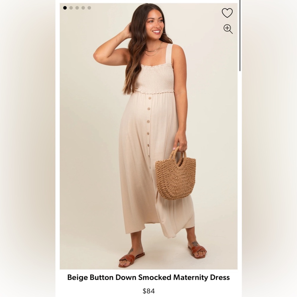PinkBlush Maternity Beige Button Down Smocked Midi Dress size S NWT